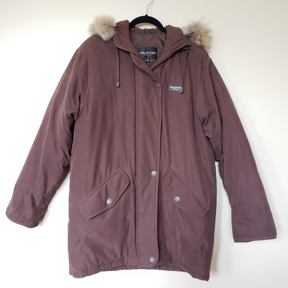 Halston Brown Coyote Fur Hood Zip Up Winter Coat